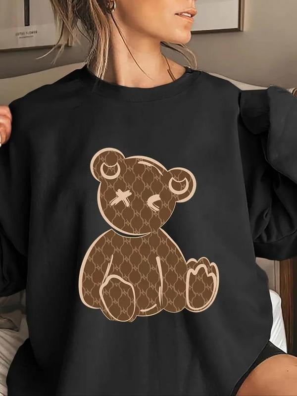 Women's Cartoon Bear Print Round Neck Pullover, Fashion Casual Crew Neck Sweatshirt for Daily Holiday Outdoor Wear, Women...