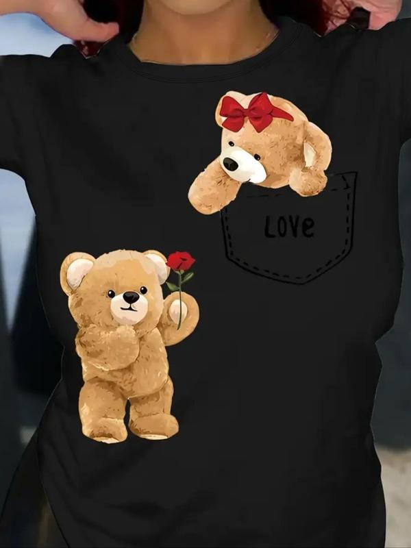 Women's Cartoon Bear Print Round Neck Tee, Cute Short Sleeve Crew Neck T-Shirt for Summer, Fashion Casual Women's Top for...
