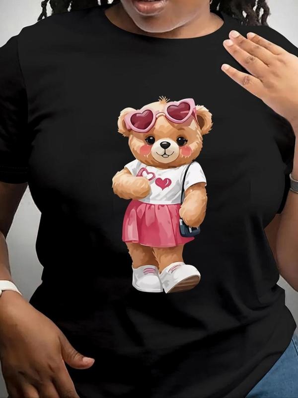 Women's Cartoon Bear Print Round Neck Tee, Cute Short Sleeve Crew Neck T-shirt for Summer, Fashion Casual Women's Top for...