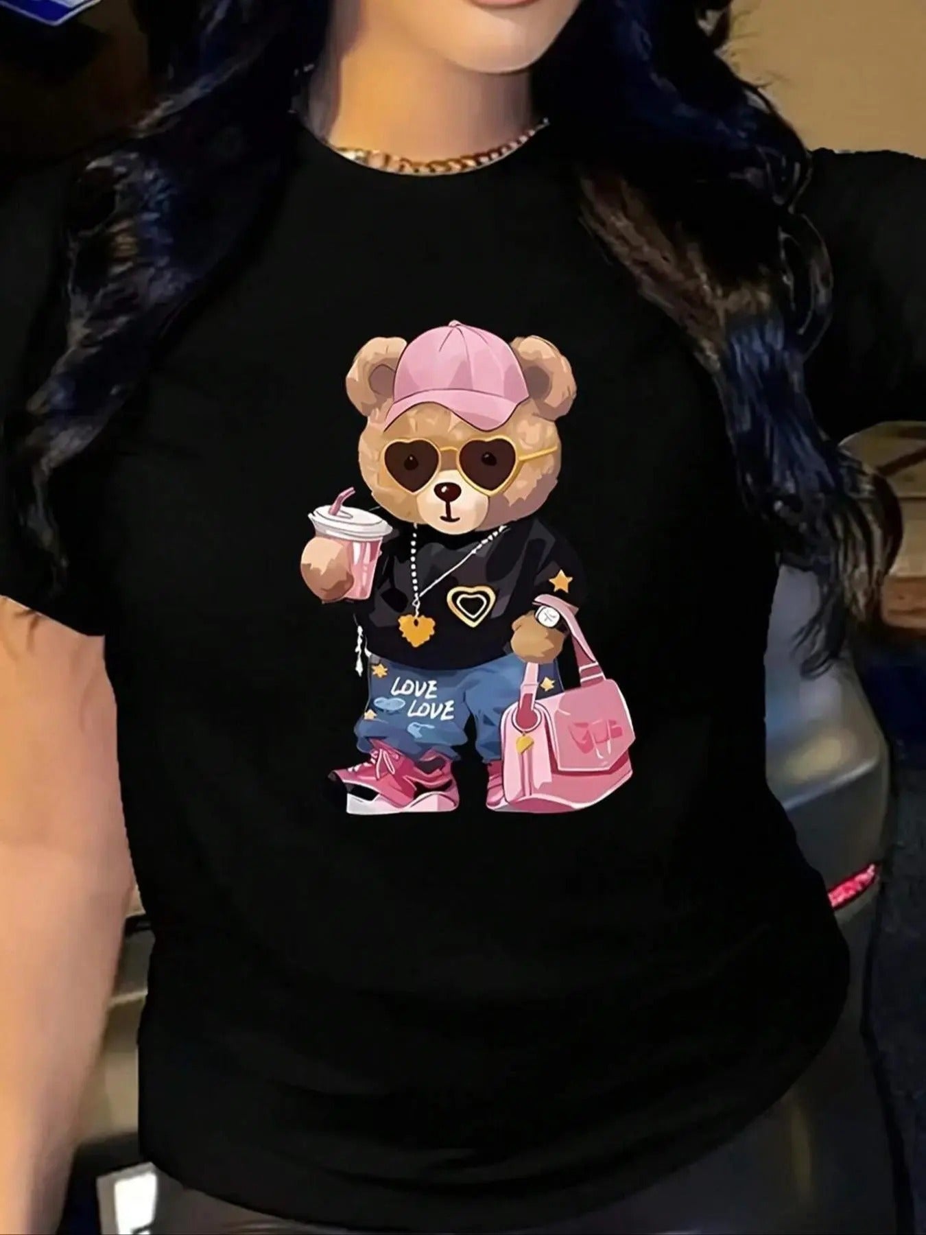 Women's Cartoon Bear Print Round Neck Tee, Fashion Casual Crew Neck T-Shirt for Daily Holiday Vacation Outdoor Wear,...