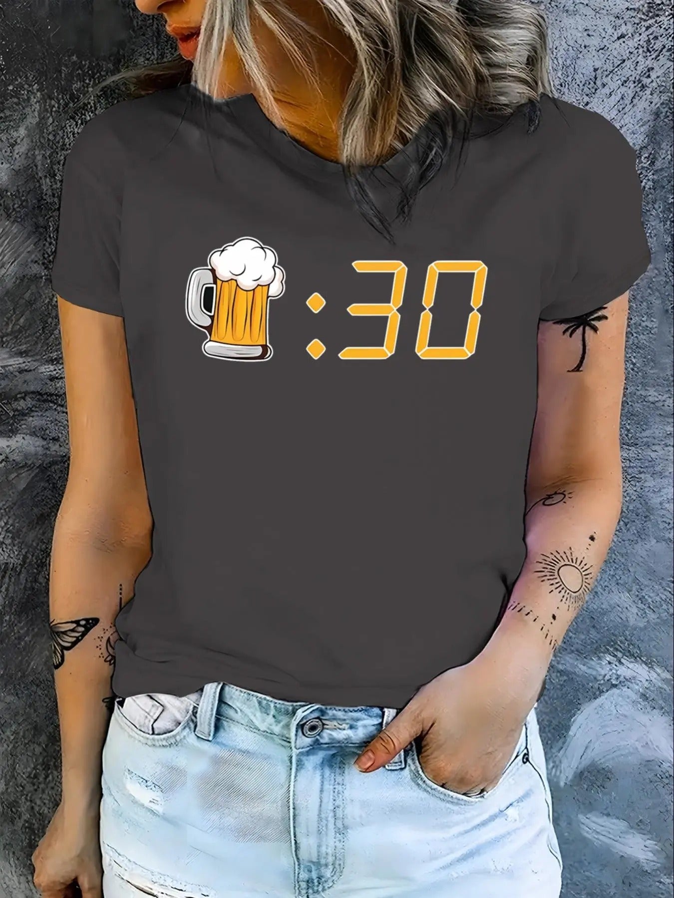 Women's Cartoon Beer Print Round Neck Tee, Fashion Casual Crew Neck Short Sleeve T-Shirt for Daily Holiday Vacation...