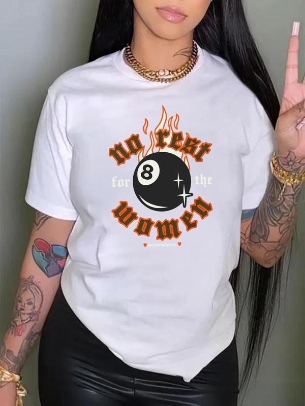 Women's Cartoon Billiards & Letter Print Round Neck Tee, Fashion Casual Crew Neck T-Shirt for Daily Holiday Vacation...