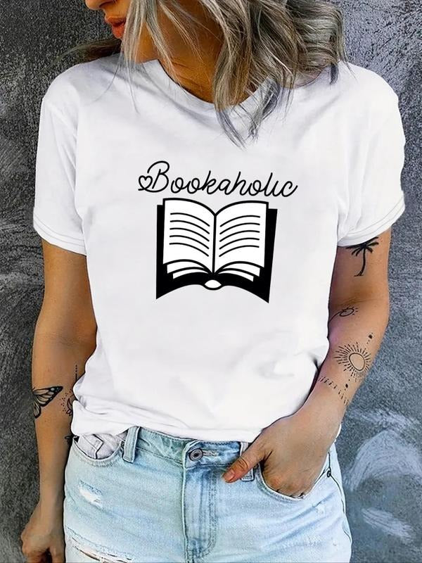 Women's Cartoon Book & Letter Print Round Neck Tee, Fashion Casual Crew Neck T-Shirt for Daily Holiday Vacation Outdoor...