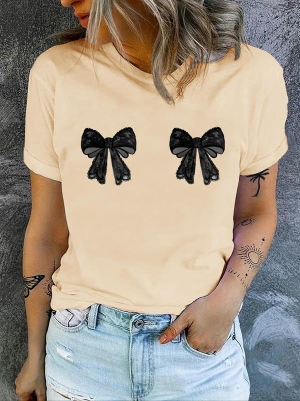 Women's Cartoon Bow Print Round Neck Tee, Fashion Casual Crew Neck T-Shirt for Daily Holiday Vacation Outdoor Wear,...