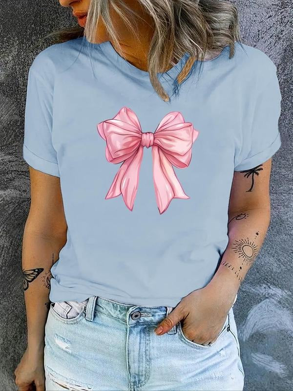 Women's Cartoon Bow Print Round Neck Tee, Fashion Casual Short Sleeve T-shirt, Ladies Summer Clothes for Daily Wear, Top...