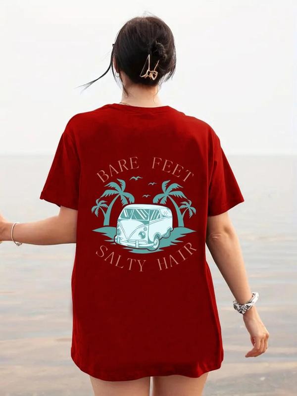 Women's Cartoon Car & Letter Print Round Neck Tee, Casual Short Sleeve T-shirt for Summer, Ladies Clothes for Daily Wear,...