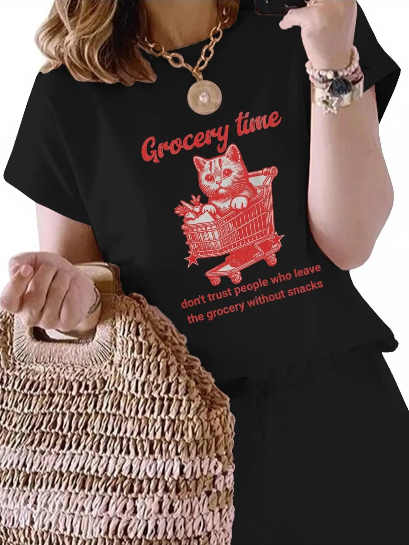 Women's Cartoon Cat & Letter Print Round Neck Tee, Cute Fashion Casual Short Sleeve T-Shirt for Daily Wear, Ladies...