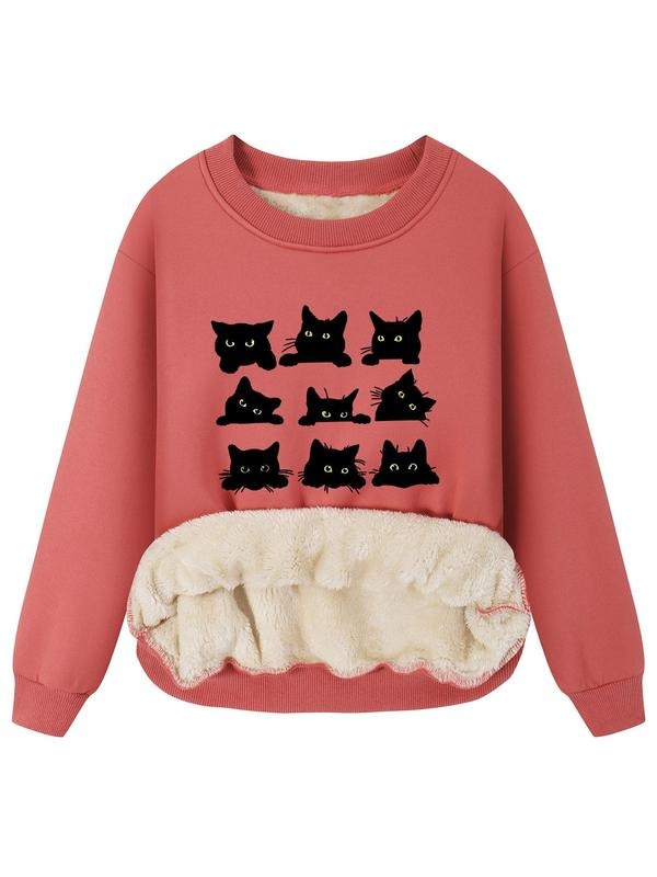 Women's Cartoon Cat Print Crew Neck Sweatshirt, Casual Long Sleeve Pullover For Fall & Winter, Women's Clothes For Daily...