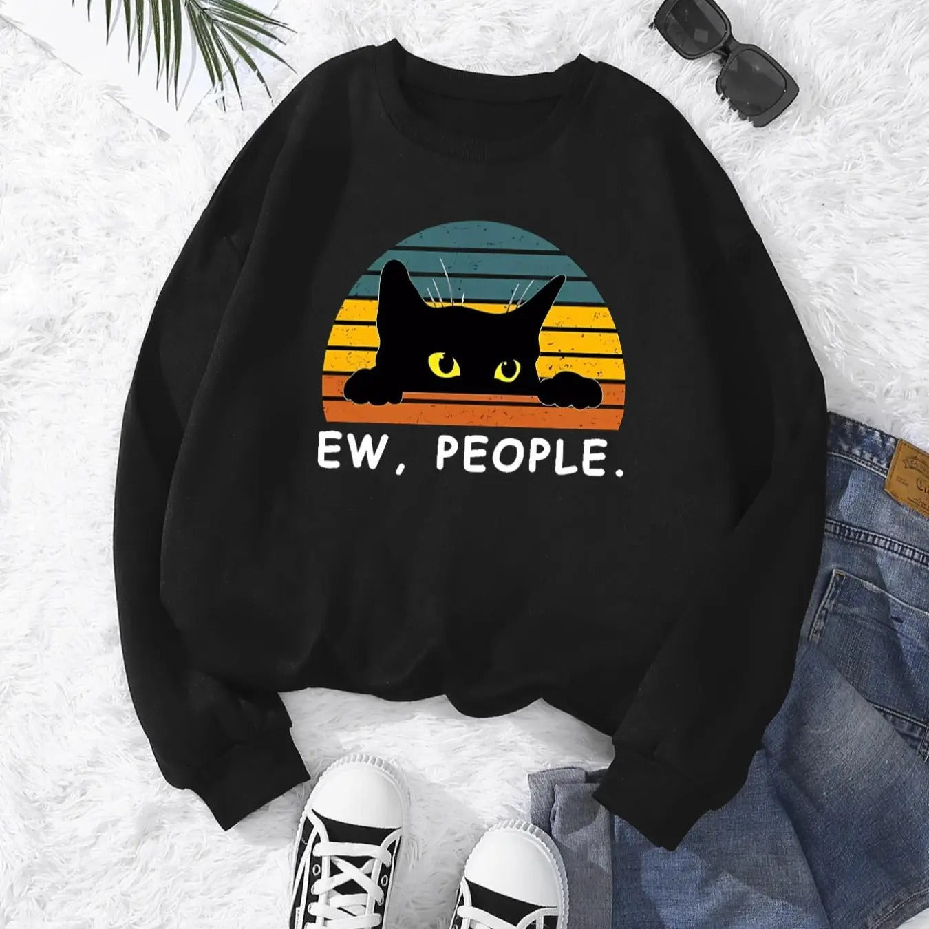 Women's Cartoon Cat Print Drop Shoulder Sweatshirt, Casual Long Sleeve Round Neck Pullover for Fall & Winter, Ladies...