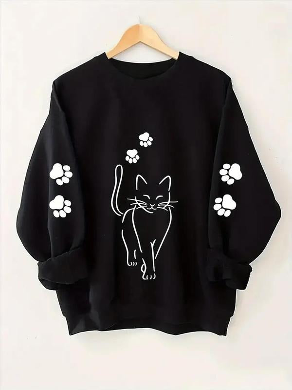 Women's Cartoon Cat Print Drop Shoulder Thermal Lined Sweatshirt, Casual Long Sleeve Round Neck Pullover for Fall &...