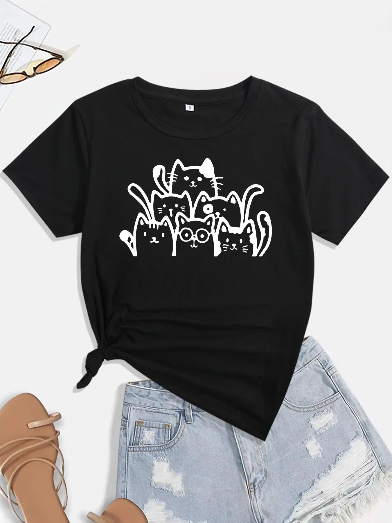 Women's Cartoon Cat Print Round Neck Tee, Casual Short Sleeve Crew Neck T-Shirt for Daily Wear, Ladies Clothes for All...