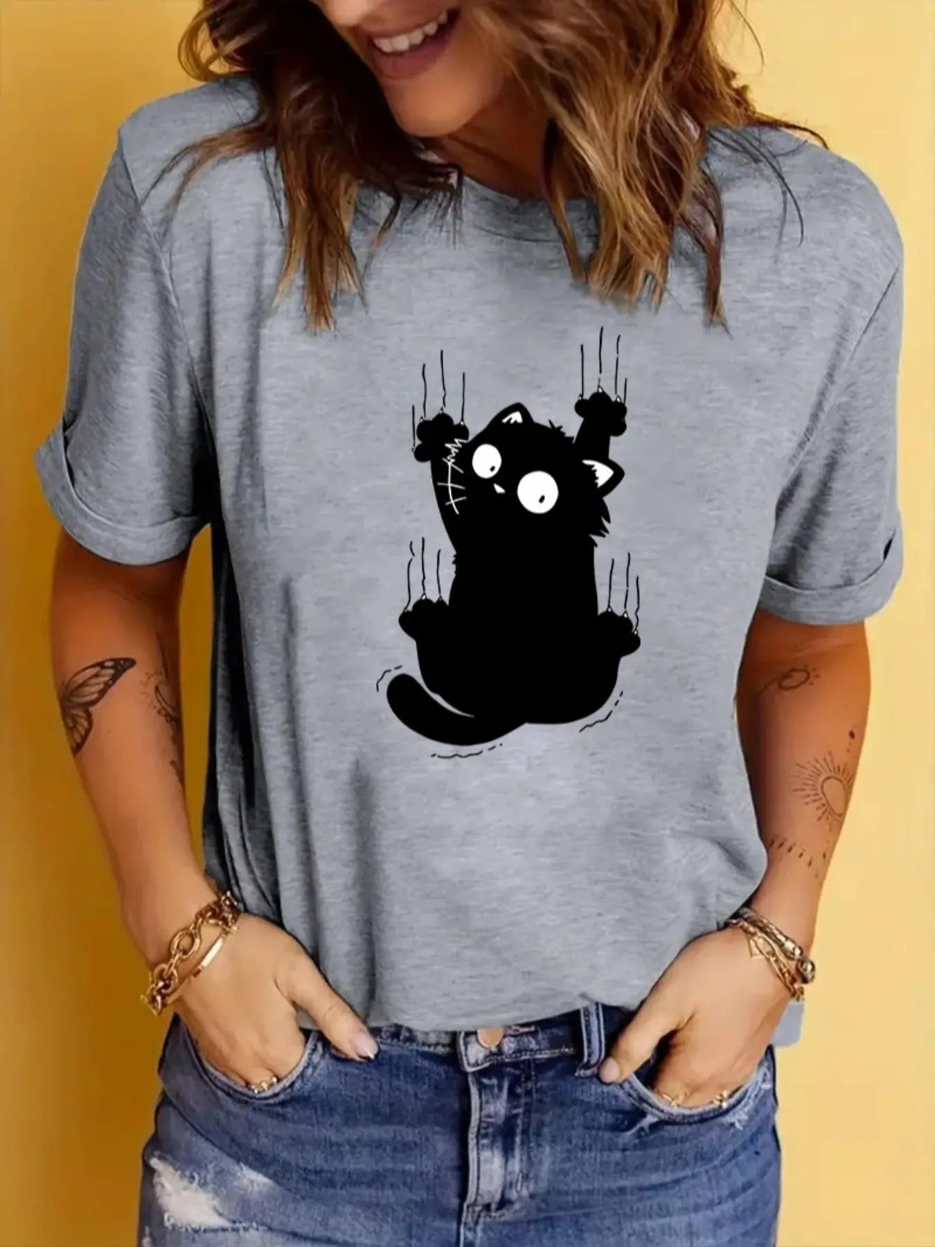 Women's Cartoon Cat Print Round Neck Tee, Fashion Casual Short Sleeve T-shirt for Daily Wear, Ladies Summer Clothes...