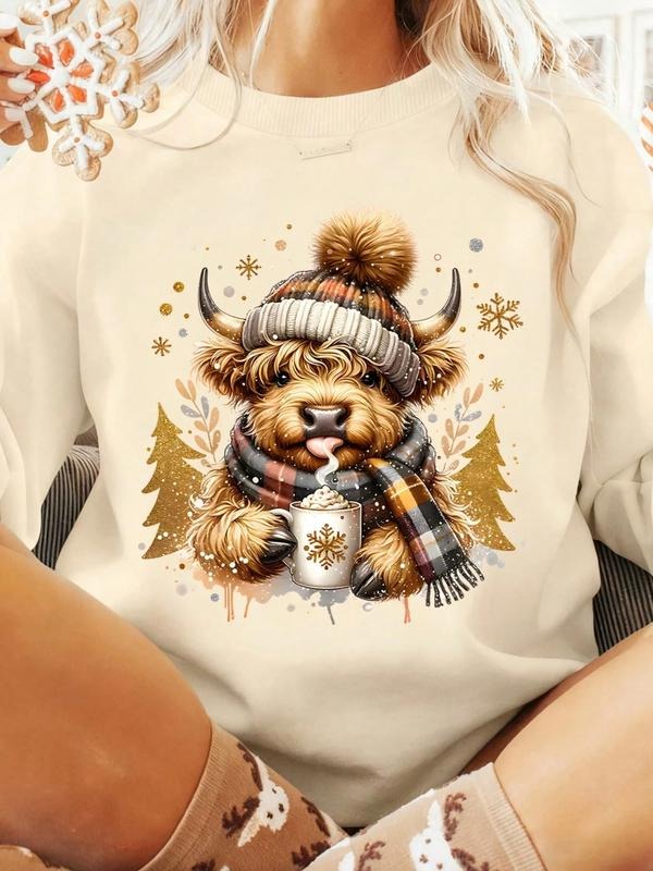 Women's Cartoon Cow Print Hoodie, Soft Thick Round Neck Sweatshirt, Casual Long Sleeve Fall & Winter Wear, Home Sport...