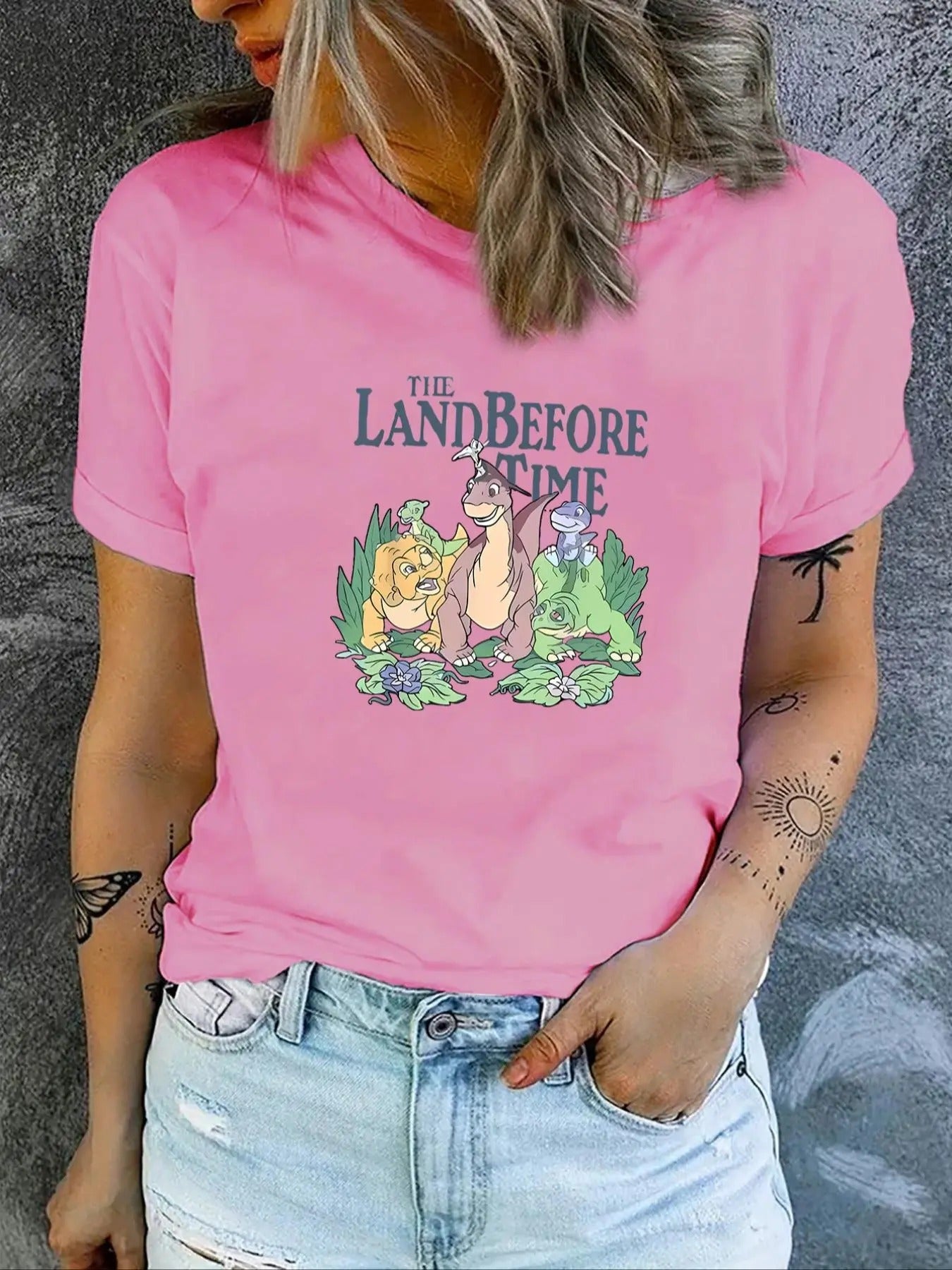 Women's Cartoon Dinosaur & Letter Print Round Neck Tee, Fashion Casual Crew Neck T-Shirt for Daily Holiday Vacation...