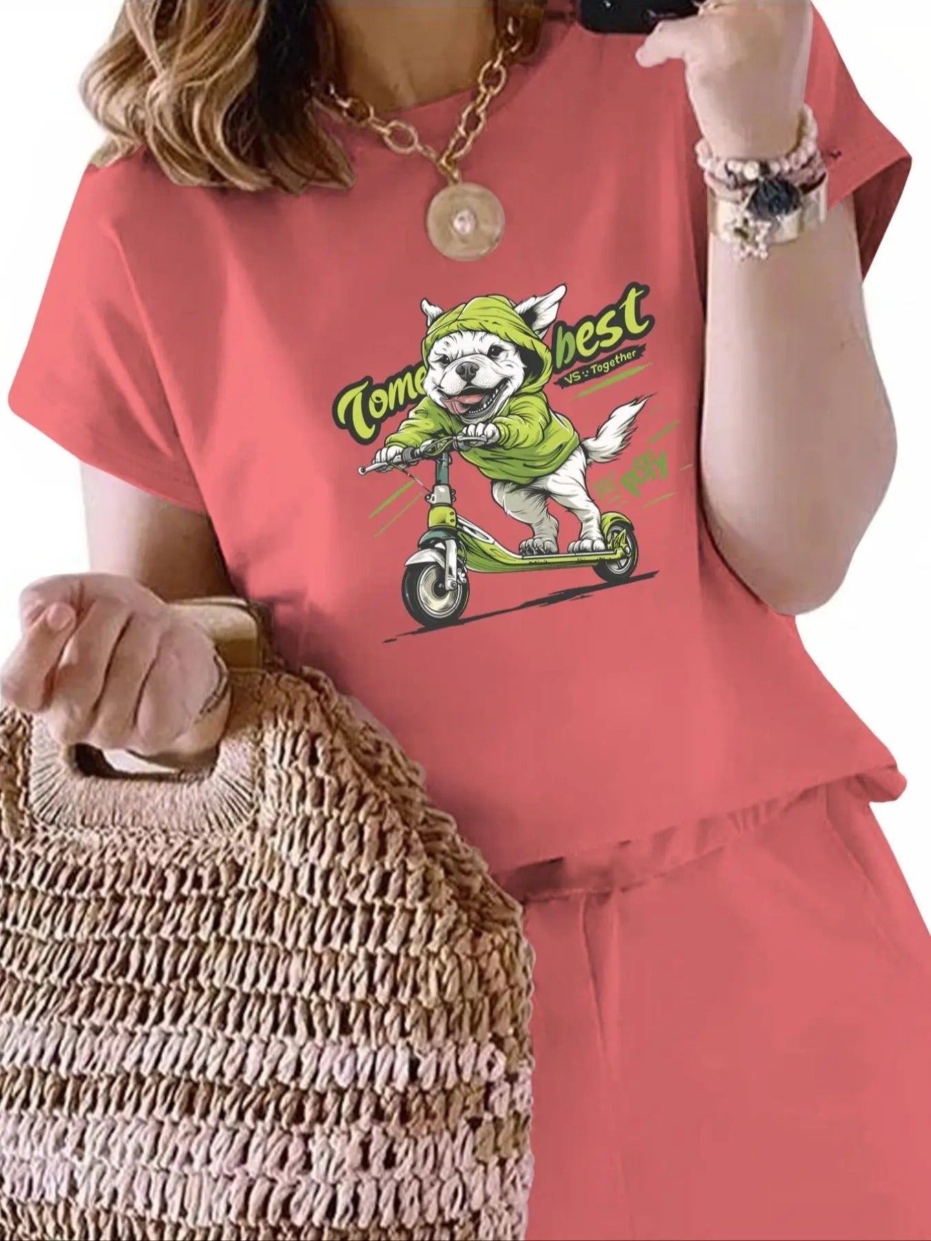Women's Cartoon Dog & Letter Print Round Neck Tee, Cute Short Sleeve T-Shirt for Daily Wear, Ladies Clothes for All...