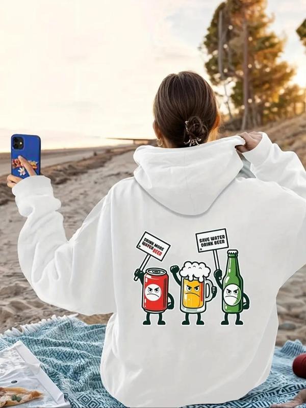 Women's Cartoon Drink & Letter Print Drawstring Hoodie, Fashion Casual Hooded Sweatshirt For Daily Holiday Outdoor Wear,...