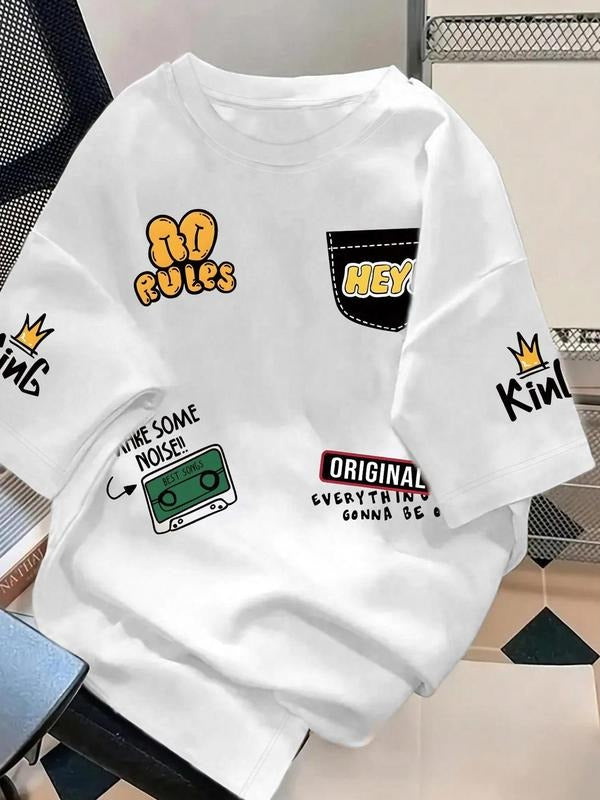 Women's Cartoon Face & Letter Print Round Neck Tee, Fashion Casual Crew Neck T-Shirt for Daily Holiday Vacation Outdoor...