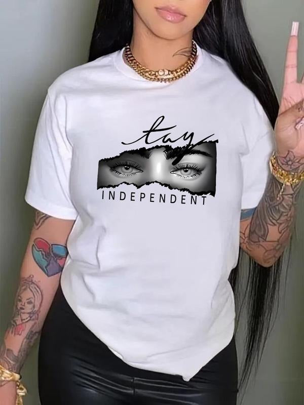 Women's Cartoon Face & Letter Print Round Neck Tee, Fashion Casual Crew Neck T-Shirt for Daily Holiday Vacation Outdoor...