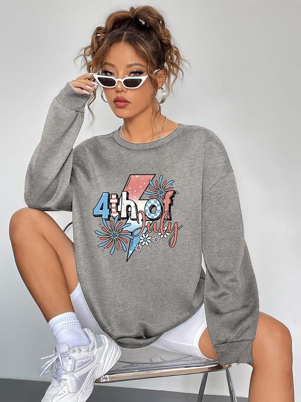 Women's Cartoon Fireworks & Slogan Print Drop Shoulder Sweatshirt, Casual 4th of July Print Long Sleeve Round Neck...