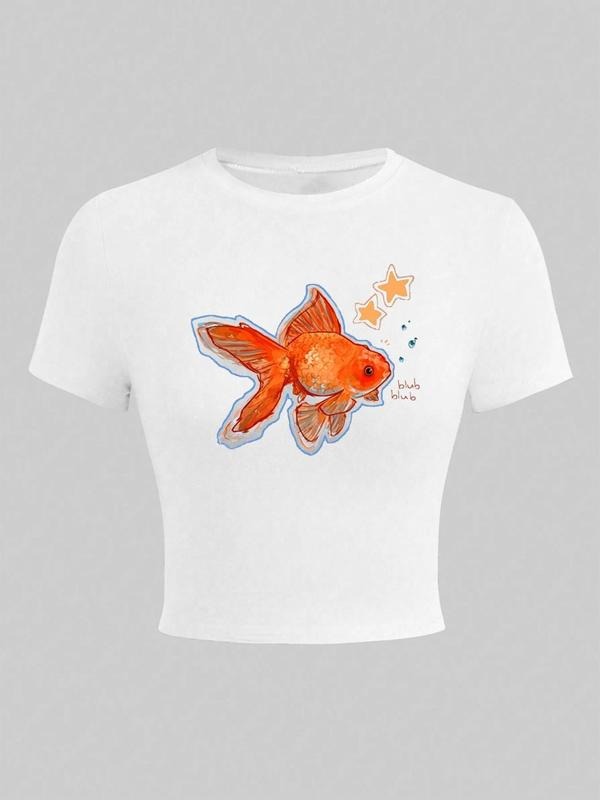 Women's Cartoon Fish Print Round Neck Tee, Fashion Casual Crew Neck T-Shirt for Daily Holiday Vacation Outdoor Wear,...