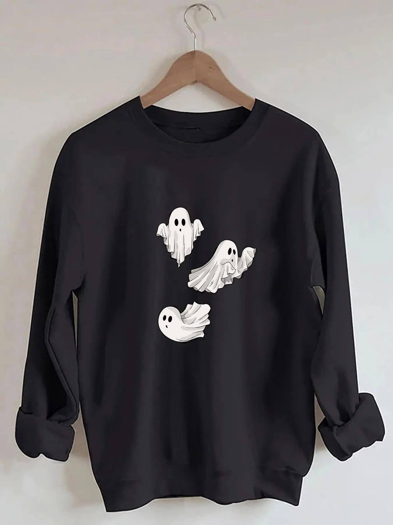 Women's Cartoon Ghost Print Drop Shoulder Sweatshirt, Casual Long Sleeve Round Neck Pullover for Fall & Winter, Ladies...