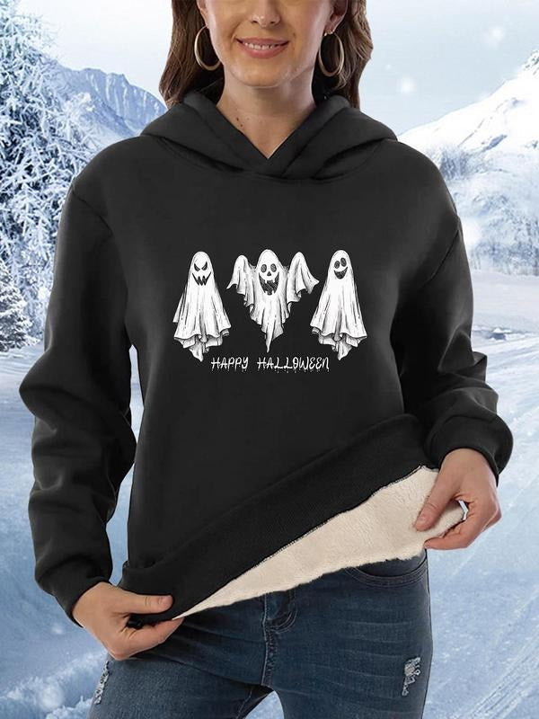 Women's Cartoon Ghost Print Plush Hoodie, Casual Long Sleeve Hooded Pullover for Winter, Women's Clothes for Daily Wear...