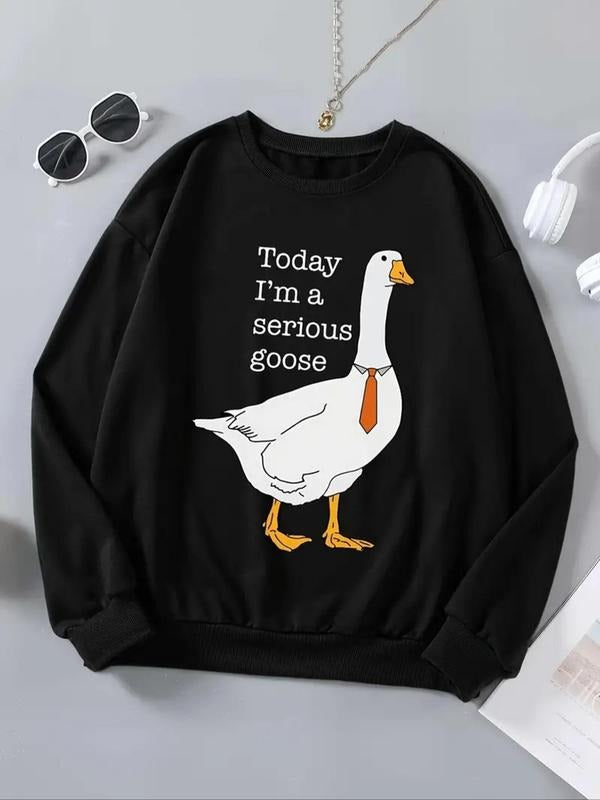 Women's Cartoon Goose & Letter Print Drop Shoulder Sweatshirt, Casual Long Sleeve Round Neck Pullover for Fall & Winter,...