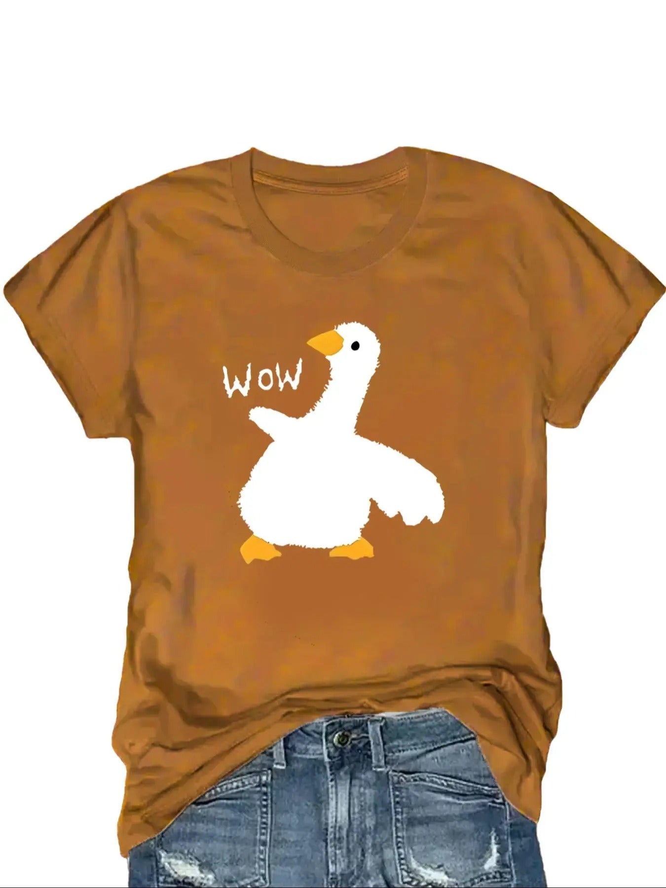 Women's Cartoon Goose Letter  Print Round Neck Tee, Casual Cute Short Sleeve T-shirt for Daily Wear, Ladies Clothes for...