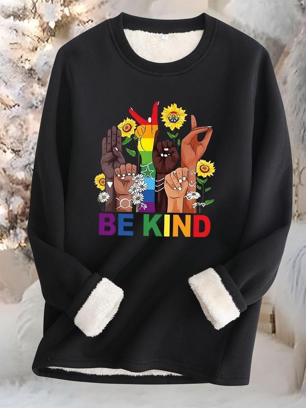 Women's Cartoon Hand & Letter Print Round Neck Thermal Lined Pullover, Fashion Casual Crew Neck Sweatshirt for Daily...