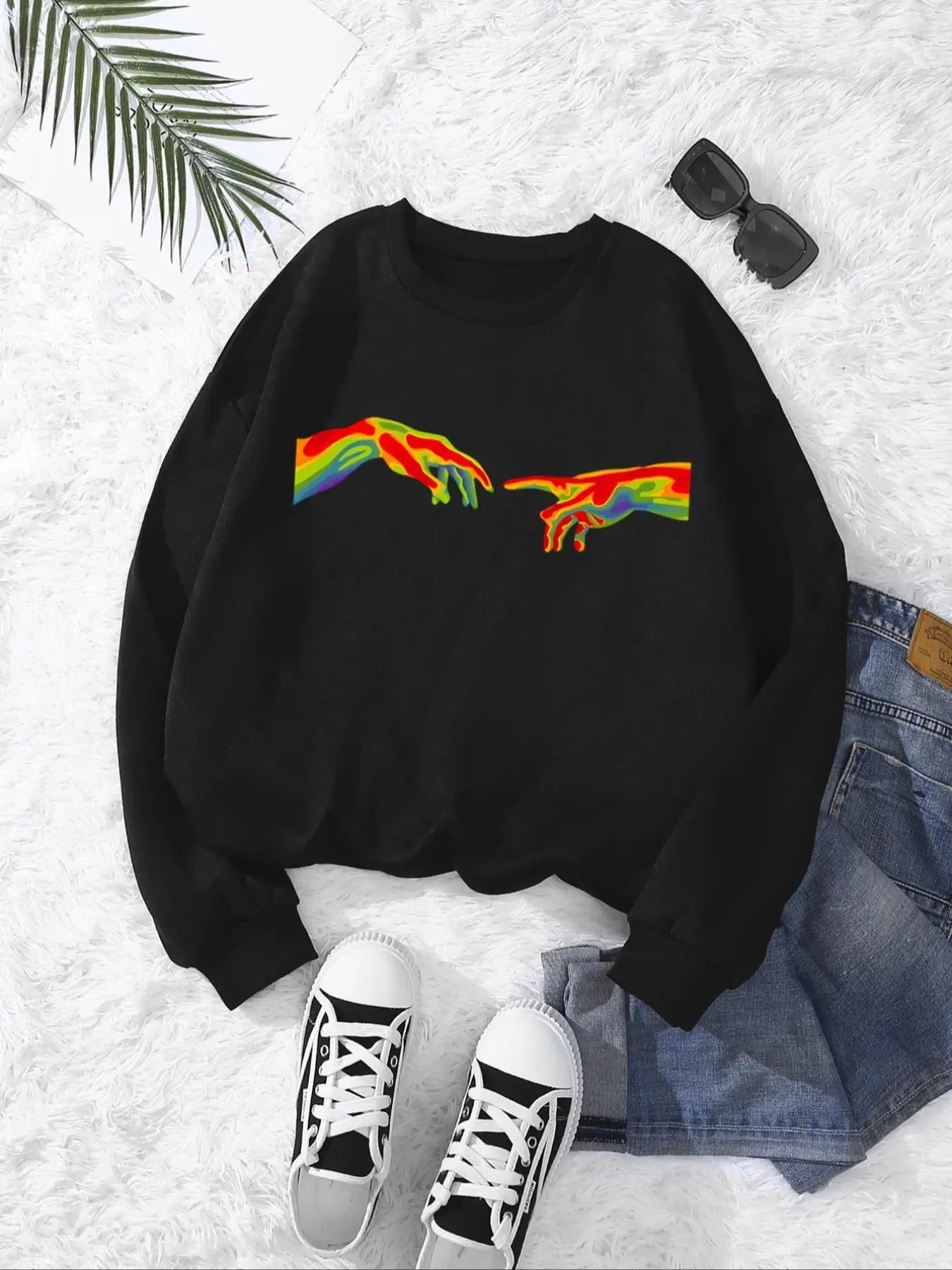 Women's Cartoon Hand Print Crew Neck Sweatshirt, Casual Long Sleeve Pullover for Fall & Winter, Women's Clothes for Daily...