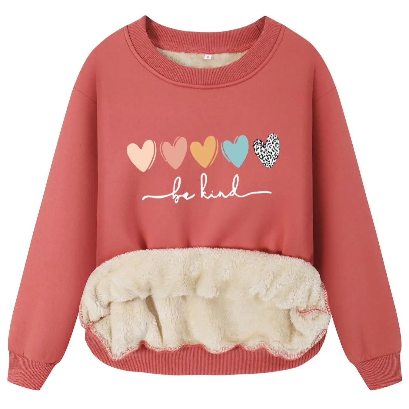 Women's Cartoon Heart Print Thermal Lined Sweatshirt, Casual Long Sleeve Round Neck Pullover for Fall & Winter, Women's...