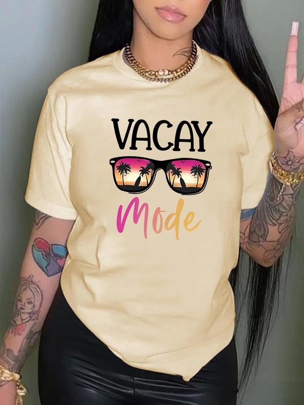 Women's Cartoon Landscape Print Round Neck Tee, Fashion Casual Short Sleeve T-shirt, Ladies Summer Clothes for Daily...