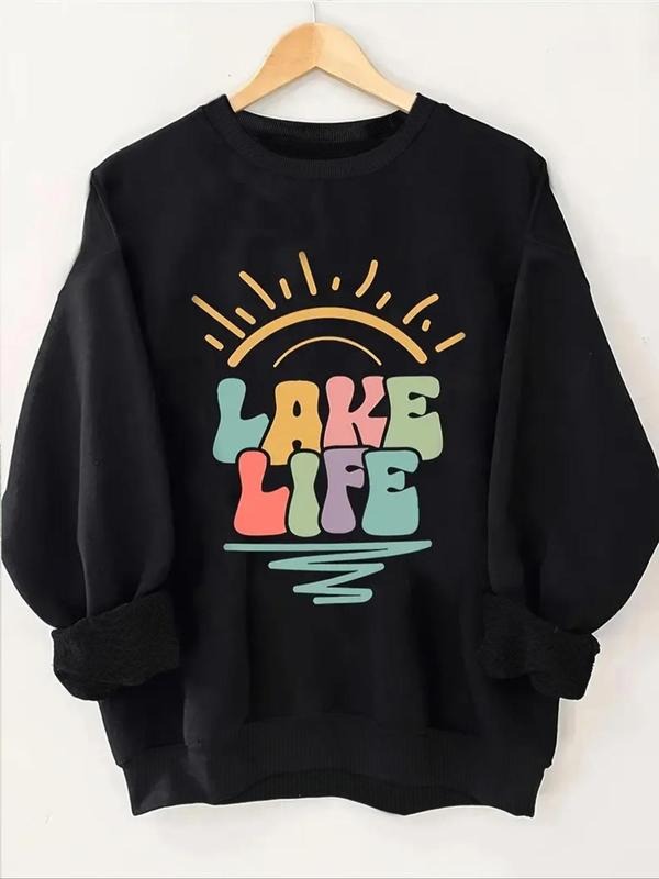 Women's Cartoon Letter Print Drop Shoulder Sweatshirt, Casual Long Sleeve Round Neck Pullover for Fall & Winter, Ladies...