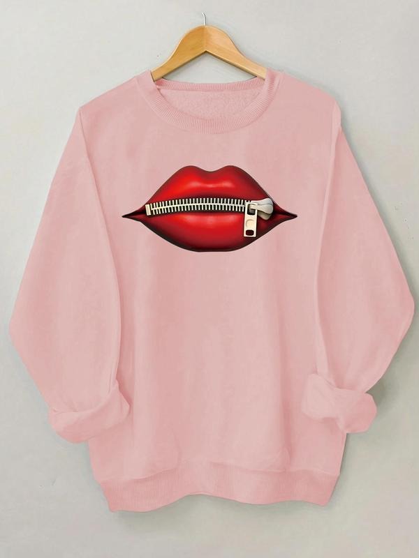 Women's Cartoon Lip Print Drop Shoulder Sweatshirt, Casual Long Sleeve Round Neck Pullover for Fall & Winter, Women's...