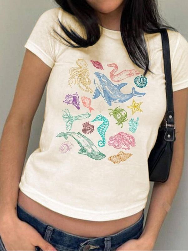 Women's Cartoon Marine Life Print Round Neck Tee, Casual Short Sleeve T-shirt for Daily Wear, Ladies Clothes for All...
