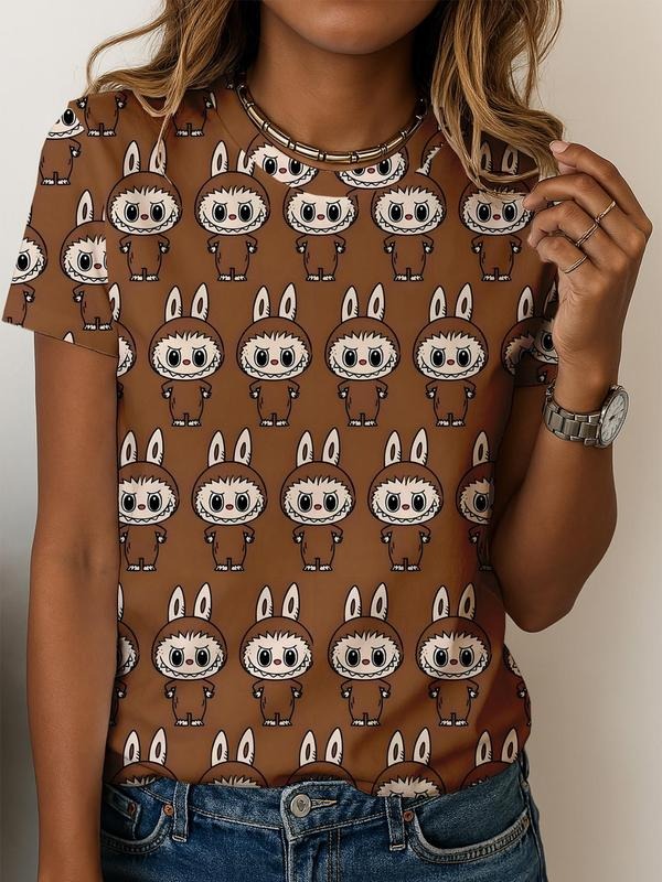 Women's Cartoon Print Round Neck Tee, Fashion Casual Crew Neck T-shirt for Daily Holiday Vacation Outdoor Wear, Ladies...