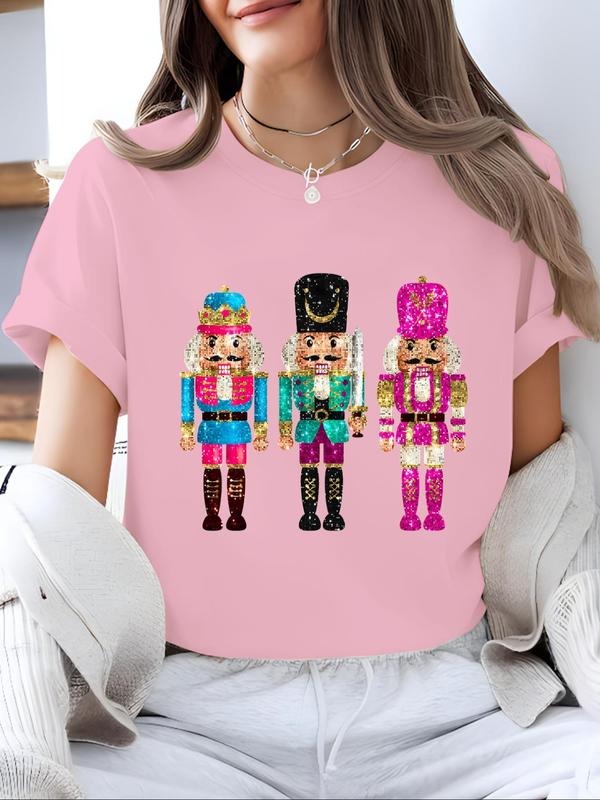 Women's Cartoon Print Round Neck Tee, Trendy Casual Short Sleeve T-shirt for Daily Wear, Ladies All Seasons Clothes...