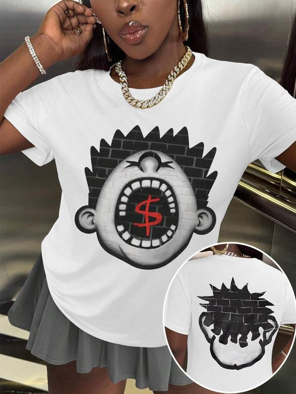 Women's Cartoon Print Short Sleeve T-Shirt, Casual Fitted Graphic Tee, Breathable Streetwear Top for All Seasons Hoodie,...
