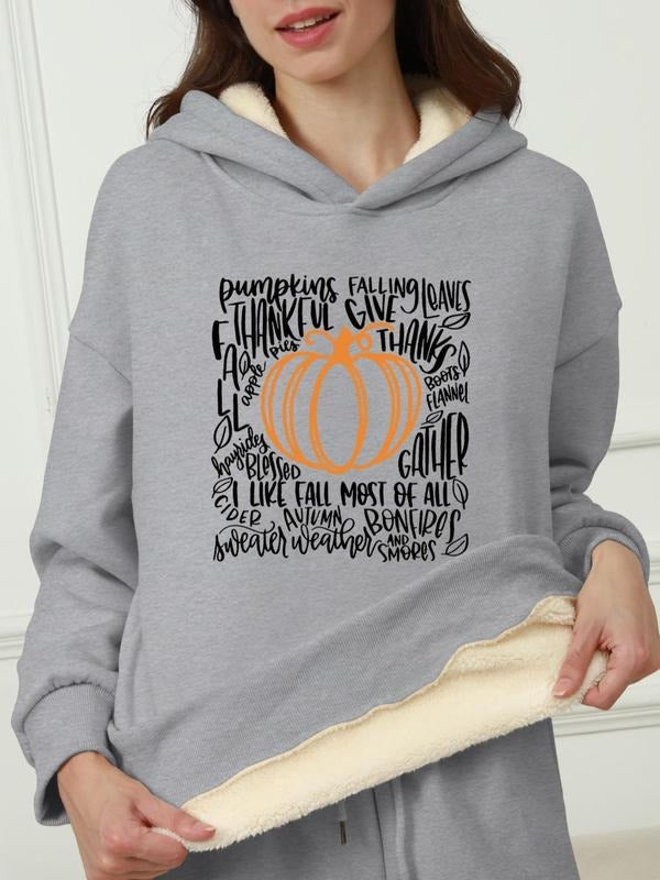 Women's Cartoon Pumpkin & Letter Print Drop Shoulder Hoodie, Fashion Casual Thermal Lined Hooded Sweatshirt for Daily...
