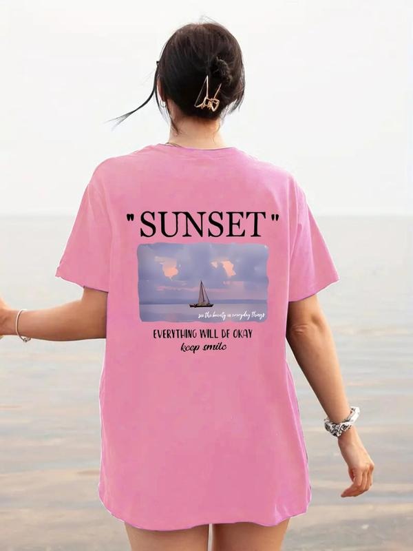 Women's Cartoon Sailboat & Letter Print Round Neck Tee, Casual Sunset Print Short Sleeve T-shirt for Summer, Ladies...