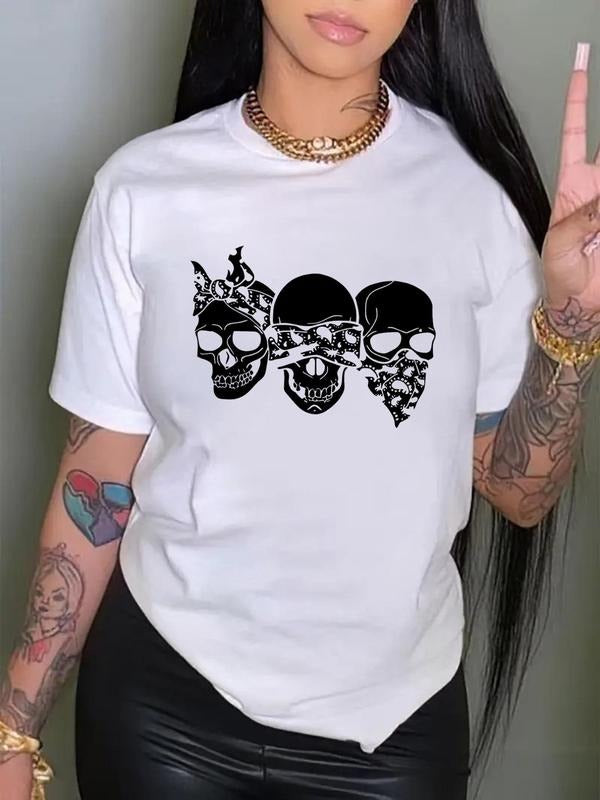 Women's Cartoon Skull Print Round Neck Tee, Fashion Casual Short Sleeve T-shirt for Daily Wear, Ladies Summer Clothes,...