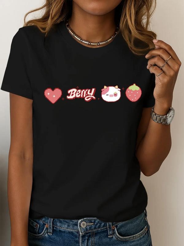 Women's Cartoon Strawberry & Cow Print Round Neck Tee, Fashion Casual Crew Neck T-Shirt for Daily Holiday Vacation...