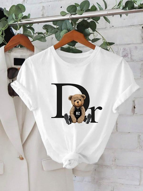 Women's Cartoon Teddy Bear Print Loose Fit Round Neck T-shirt, Casual Stylish Top for Summer, Tops for Summer, Tee for...