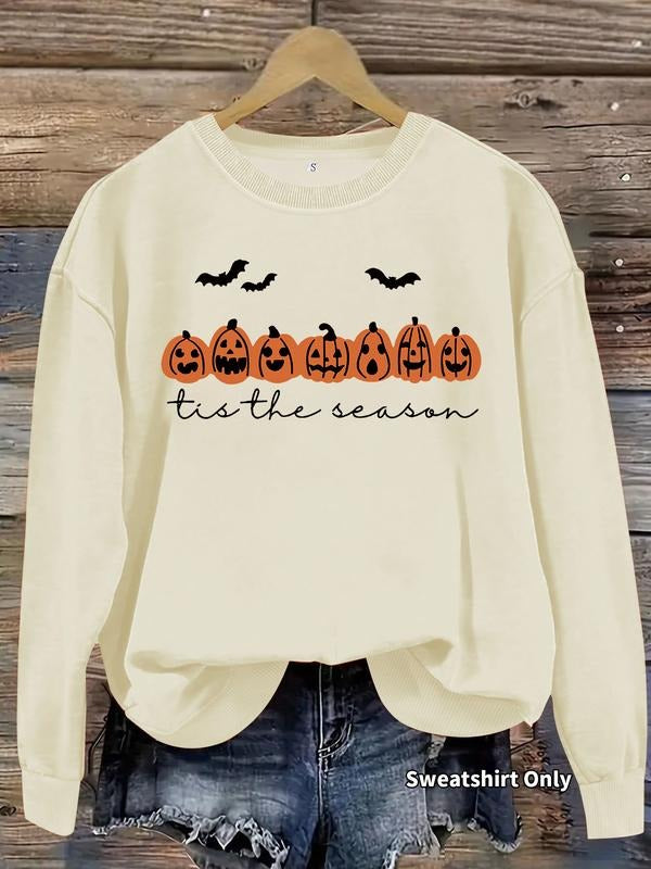 Women's Casual Batwing Sleeve Pumpkin Art Letter Print Pullover, Soft Long Sleeve Round Neck Halloween Sweatshirt...