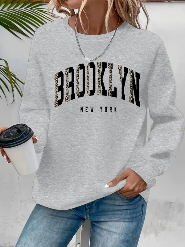 Women's Casual Brooklyn Letter Print Hoodie, Soft Long Sleeve Round Neck Sweatshirt, All-Season Comfort T-Shirts