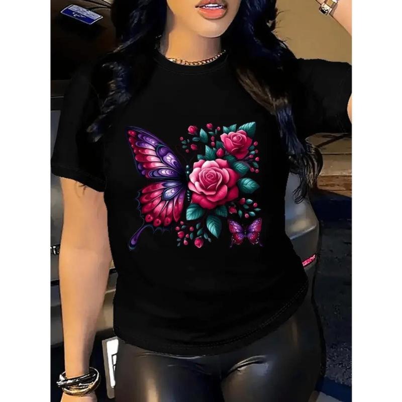 Women's Casual Butterfly and Floral Print Round Neck T-Shirt - All-Season Machine Washable Top, Butterfly Shirt, Daily...