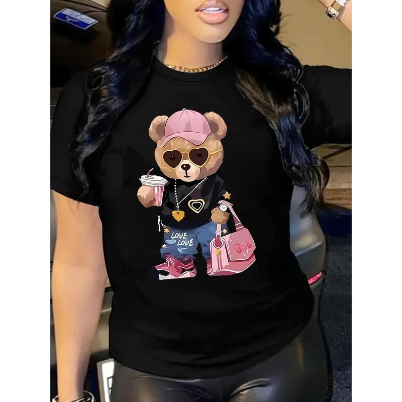 Women's Casual Cartoon Bear Graphic T-Shirt -Black Short Sleeve Round Neck All-Season Stylish Accessories Design Casual...