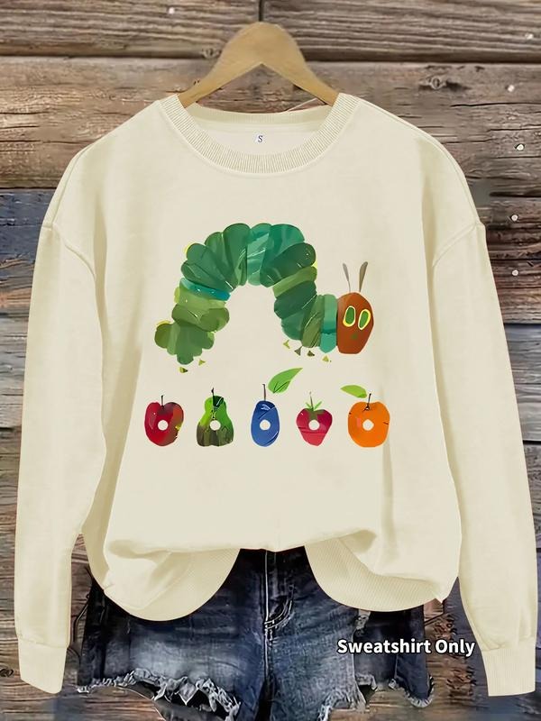 Women's Casual Caterpillar Print Hoodie, Soft Long Sleeve Round Neck Sweatshirt, All-Season Comfort, Durable Fabric T-Shirts