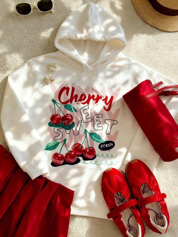 Women's Casual Cherry Letter Print Hoodie Sweatshirt, Fleece Lined, Loose-Fitting, Sweet Style, Fall & Winter Wear, Daily...