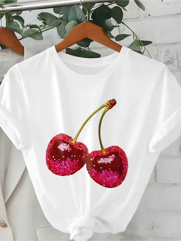 Women's Casual Cherry Print Round Neck Short Sleeve T-Shirt for Summer, Fitted Moderate Thickness Fabric, Perfect for...